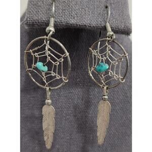 Native American Silver Dreamcatcher With Turquoise Stone Feather Earrings 3"